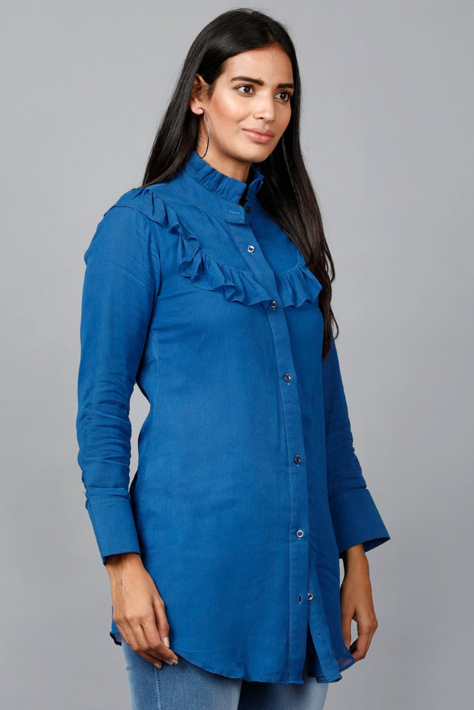 Women's Blue Shirt With Ruffle Yoke And Cuff