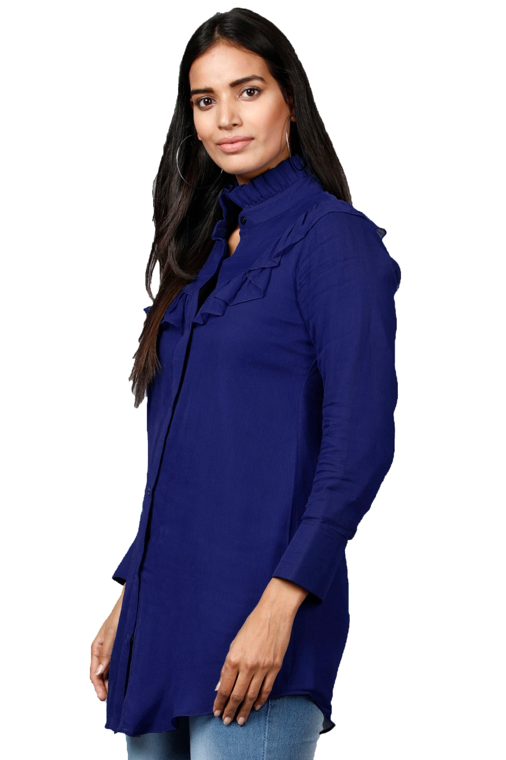 Women's Dark Blue Shirt With Ruffle Yoke And Cuff