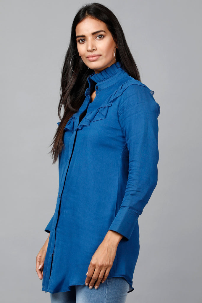 Women's Blue Shirt With Ruffle Yoke And Cuff