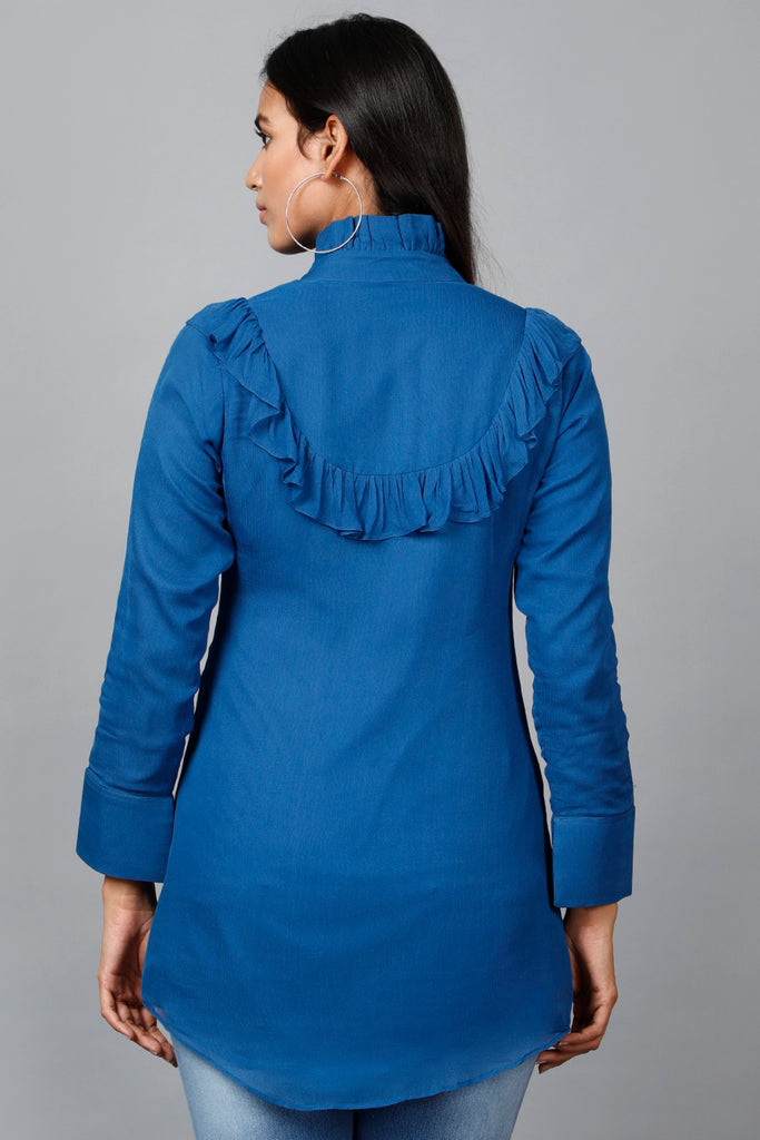 Women's Blue Shirt With Ruffle Yoke And Cuff