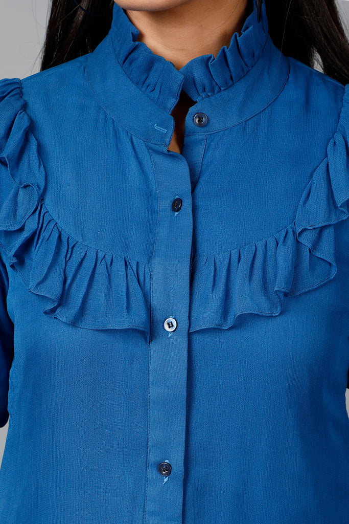 Women's Blue Shirt With Ruffle Yoke And Cuff