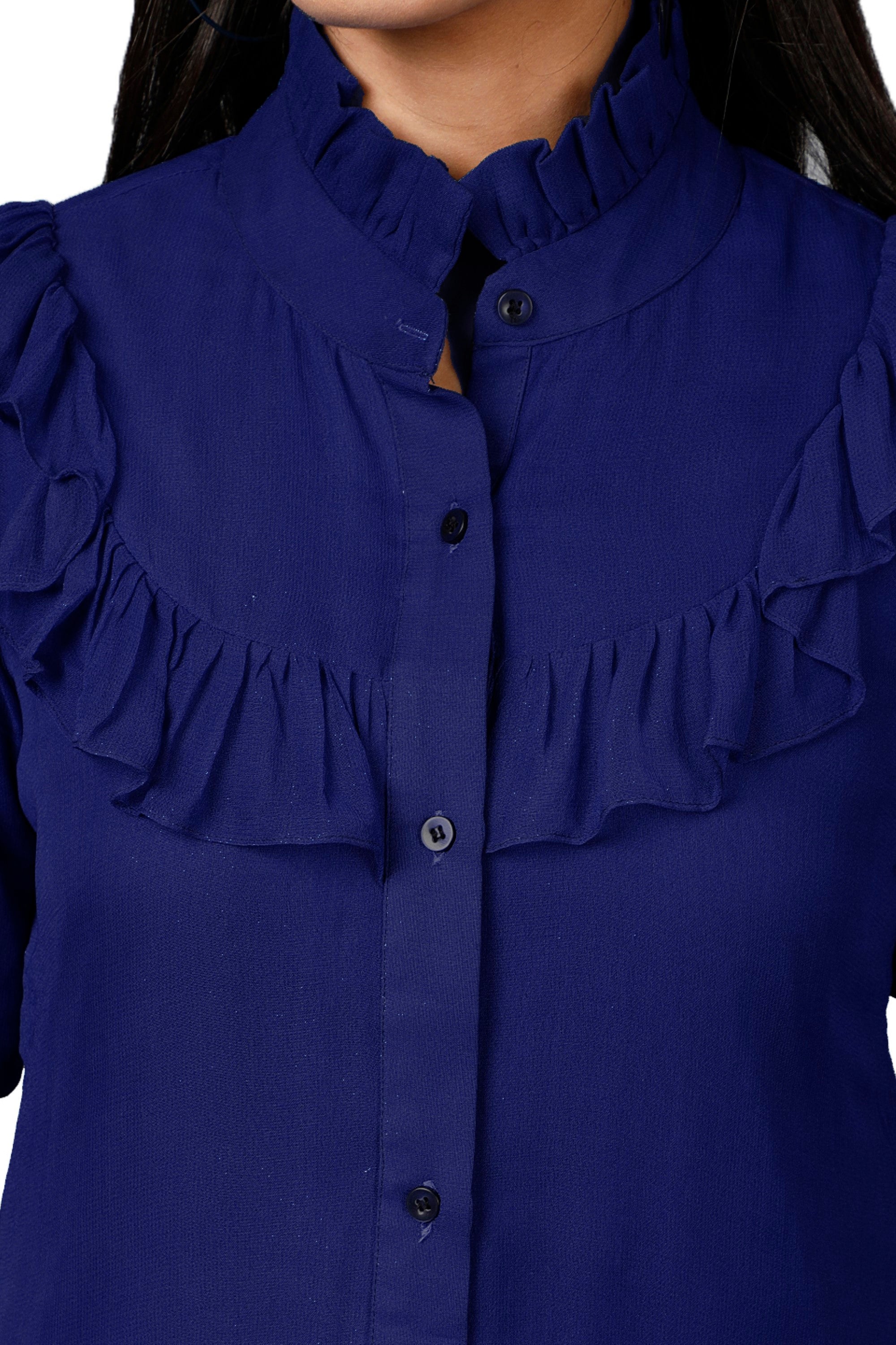 Women's Dark Blue Shirt With Ruffle Yoke And Cuff - MIRACOLOS by Ruchi