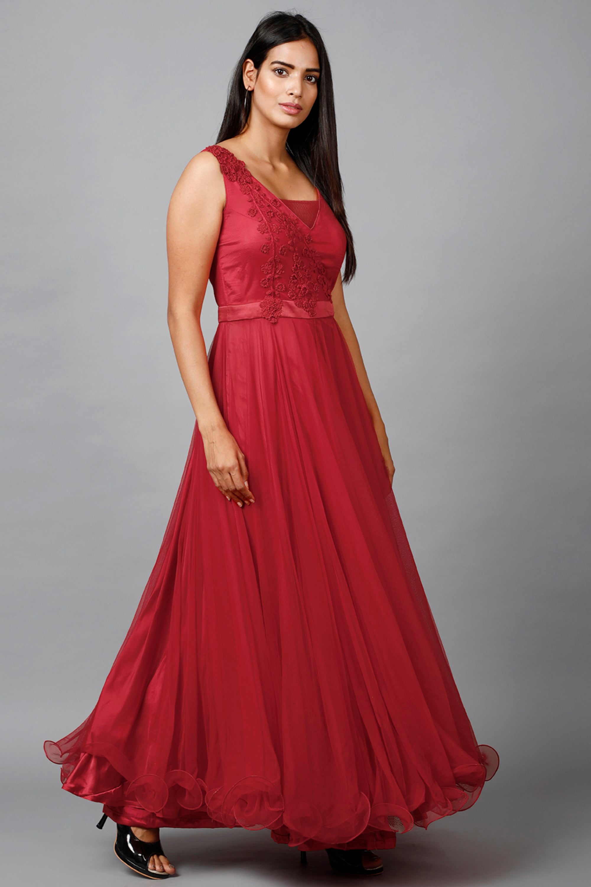 Women's Red Net Bridesmaid Embroidered Gown  - MIRACOLOS by Ruchi