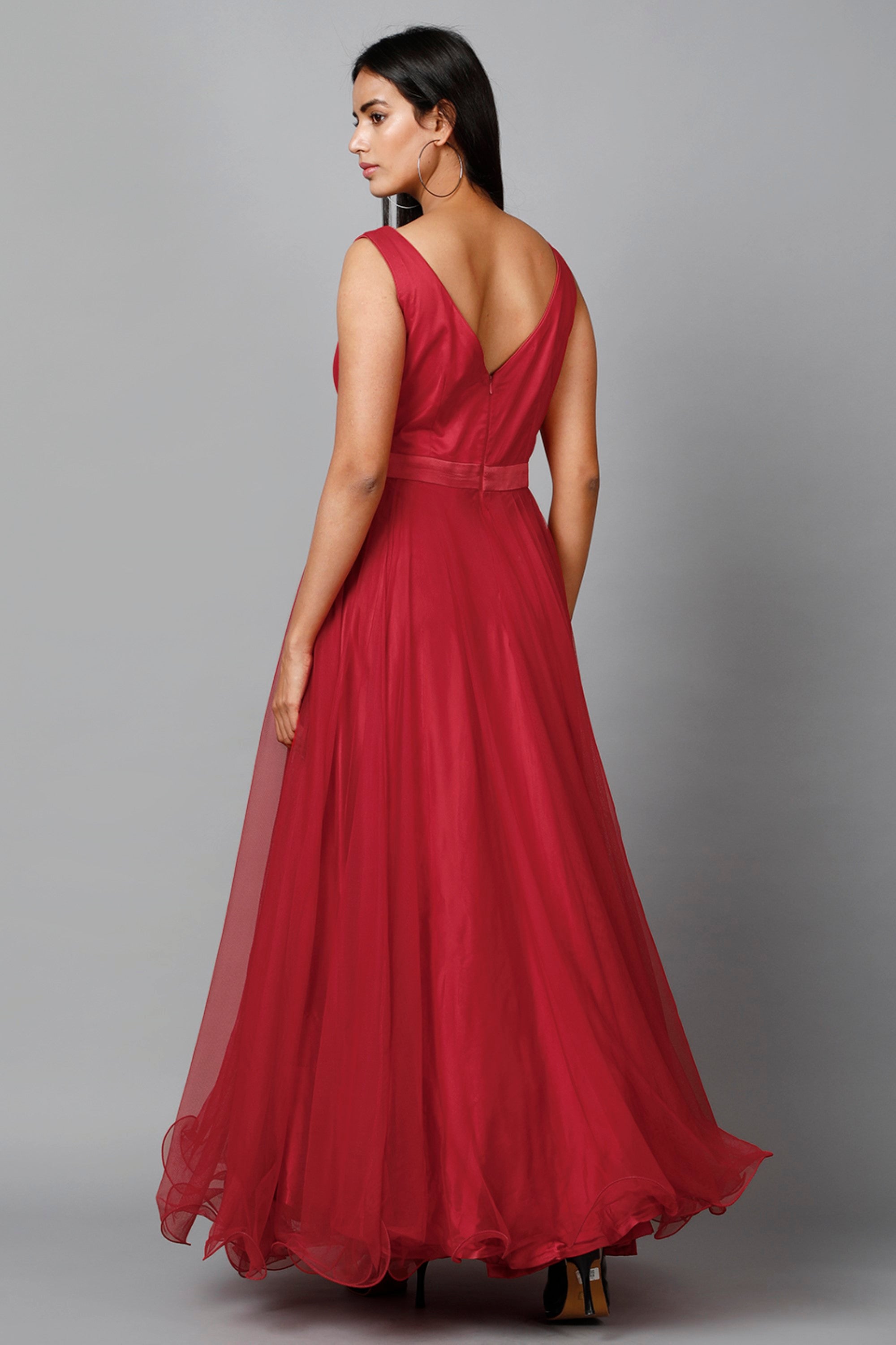 Women's Red Net Bridesmaid Embroidered Gown  - MIRACOLOS by Ruchi