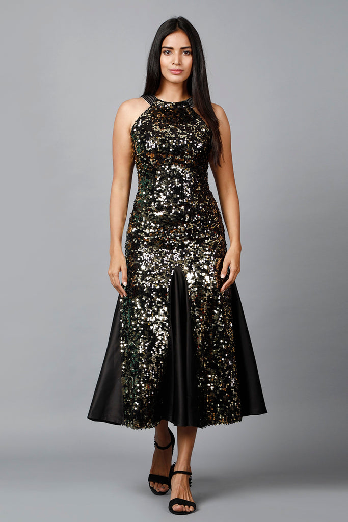 Women's Gold Sequins Halter Neck  Mermaid Dress
