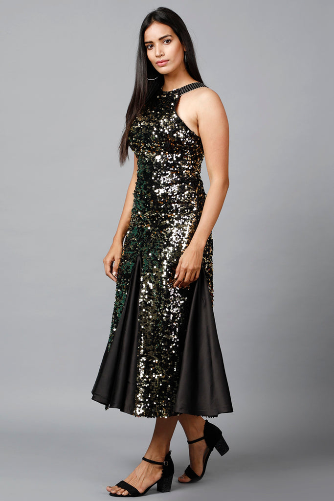 Women's Gold Sequins Halter Neck  Mermaid Dress