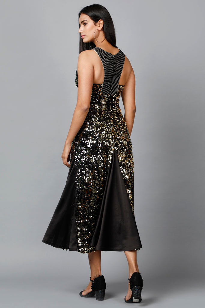 Women's Gold Sequins Halter Neck  Mermaid Dress