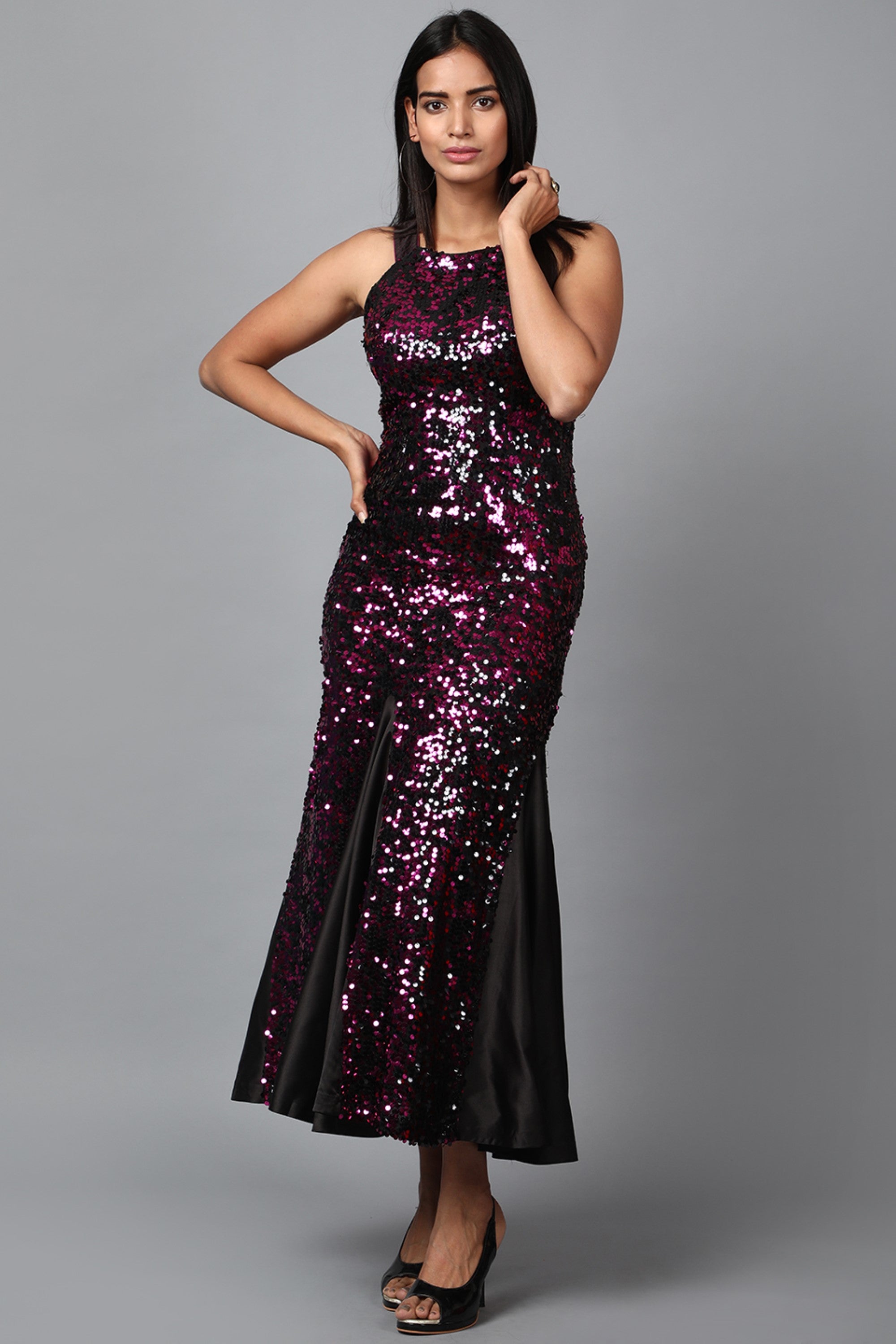 Women's Pink Sequins Halter Neck Mermaid Dress