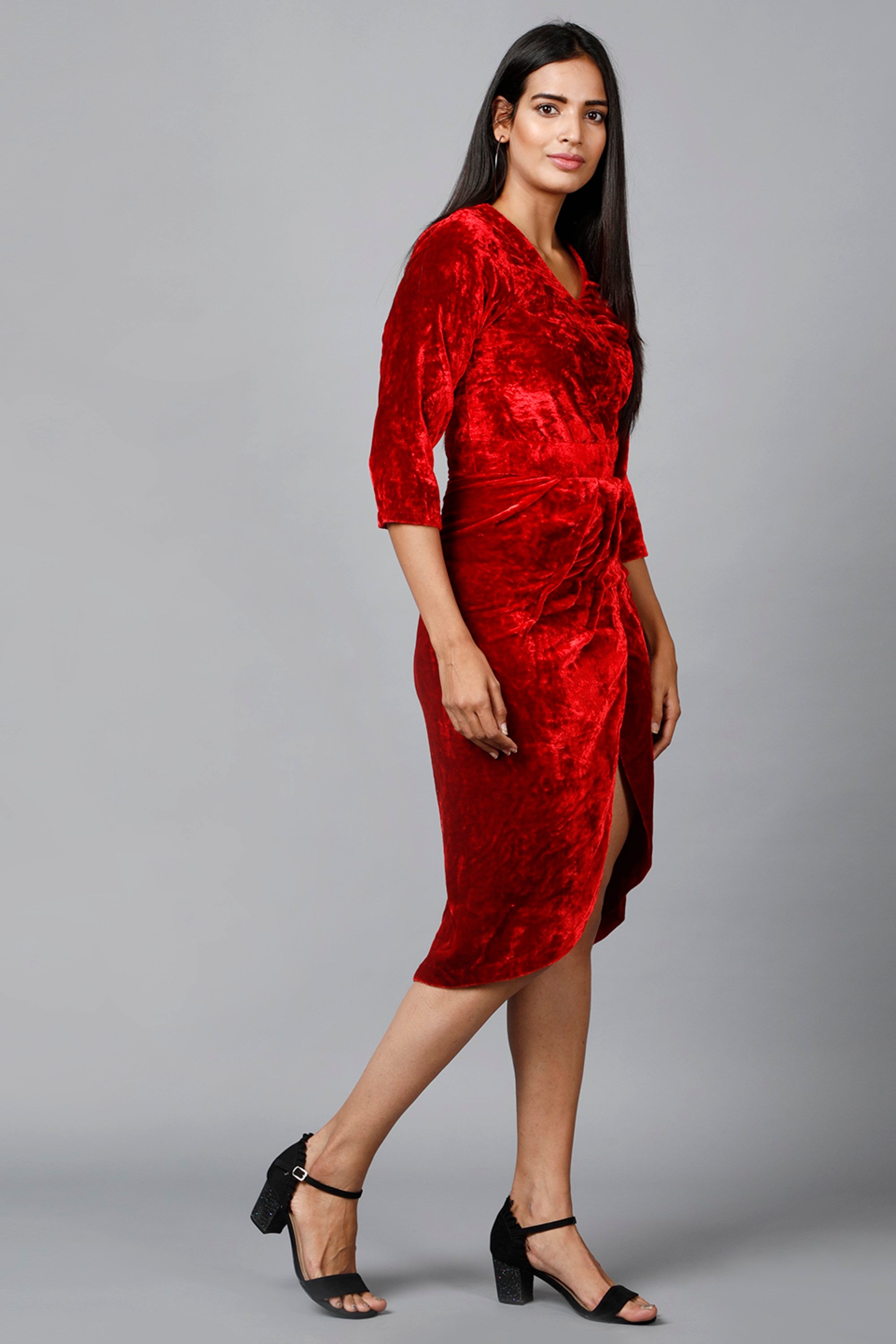Women's Red Velvet Drape Party Dress - MIRACOLOS by Ruchi