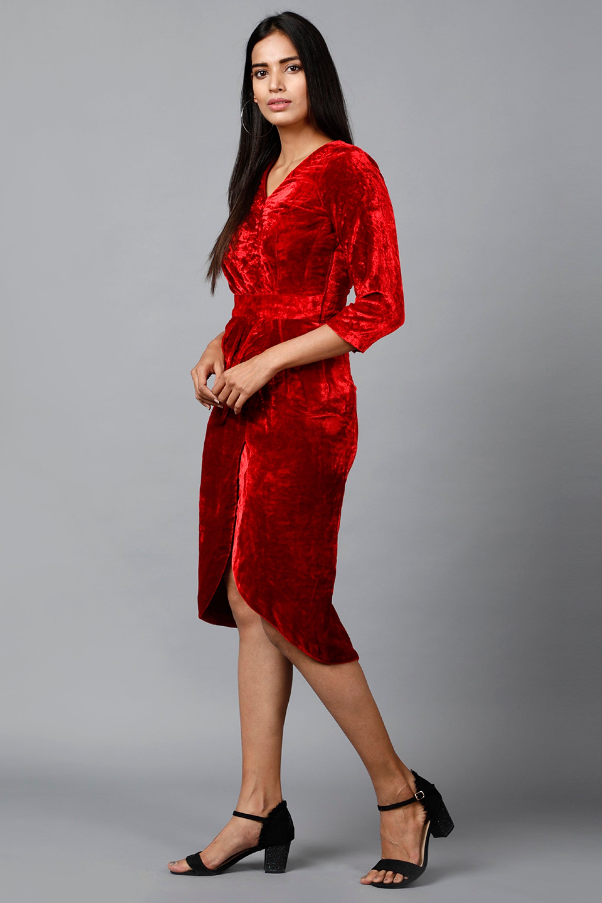 Women's Red Velvet Drape Party Dress - MIRACOLOS by Ruchi
