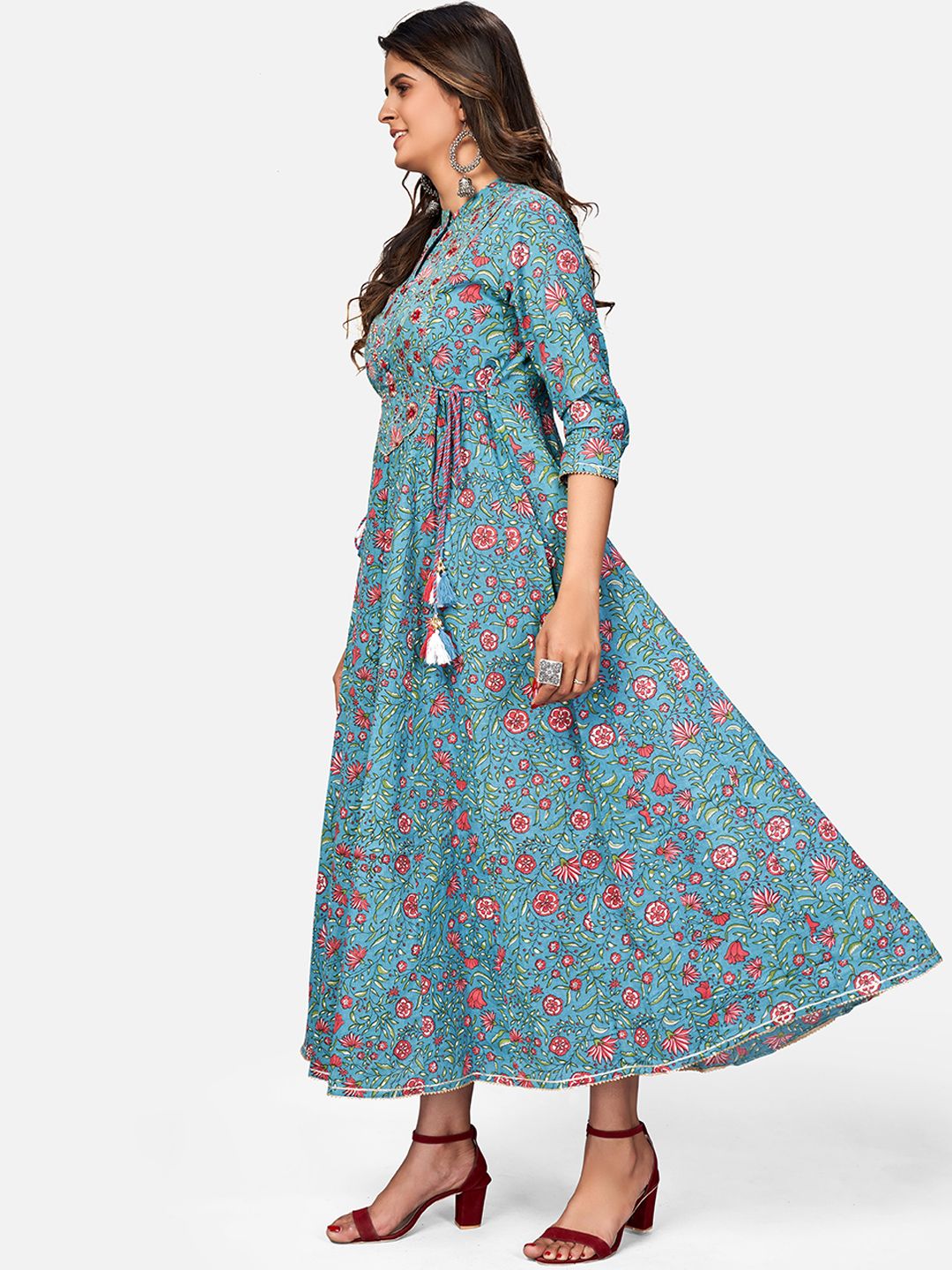 Women's Printed & Embroidered Anarkali Cotton Turquoise Kurta (1Pc) - Vbuyz