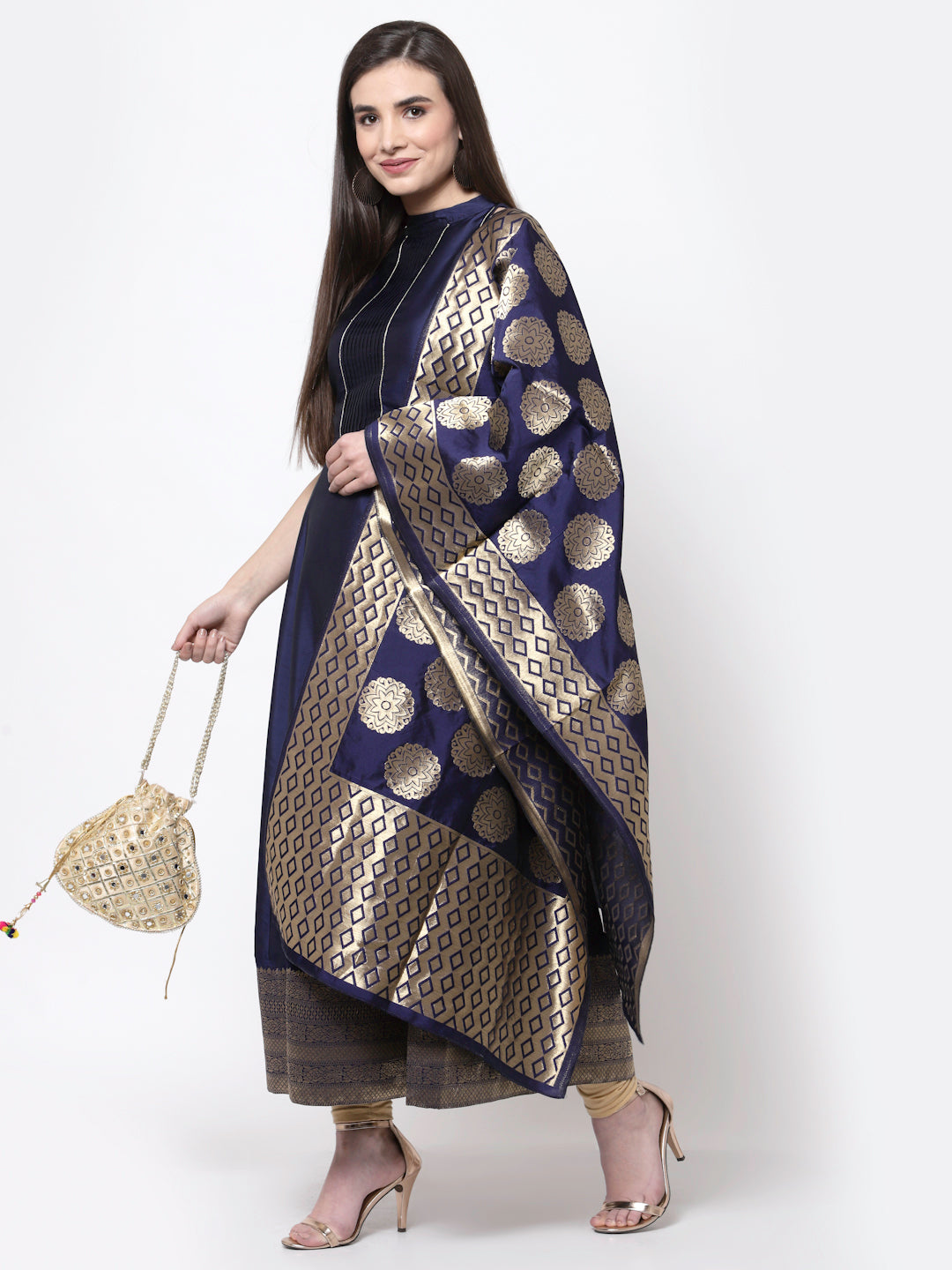 Women's Myshka Trendy Design Blue Silk Blend Sleeveless Round Neck Gown with Dupatta (2 pieces) - Myshka