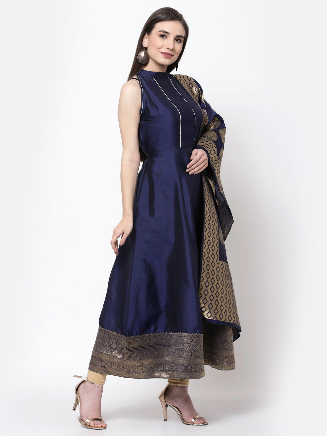 Women's Myshka Trendy Design Blue Silk Blend Sleeveless Round Neck Gown with Dupatta (2 pieces) - Myshka