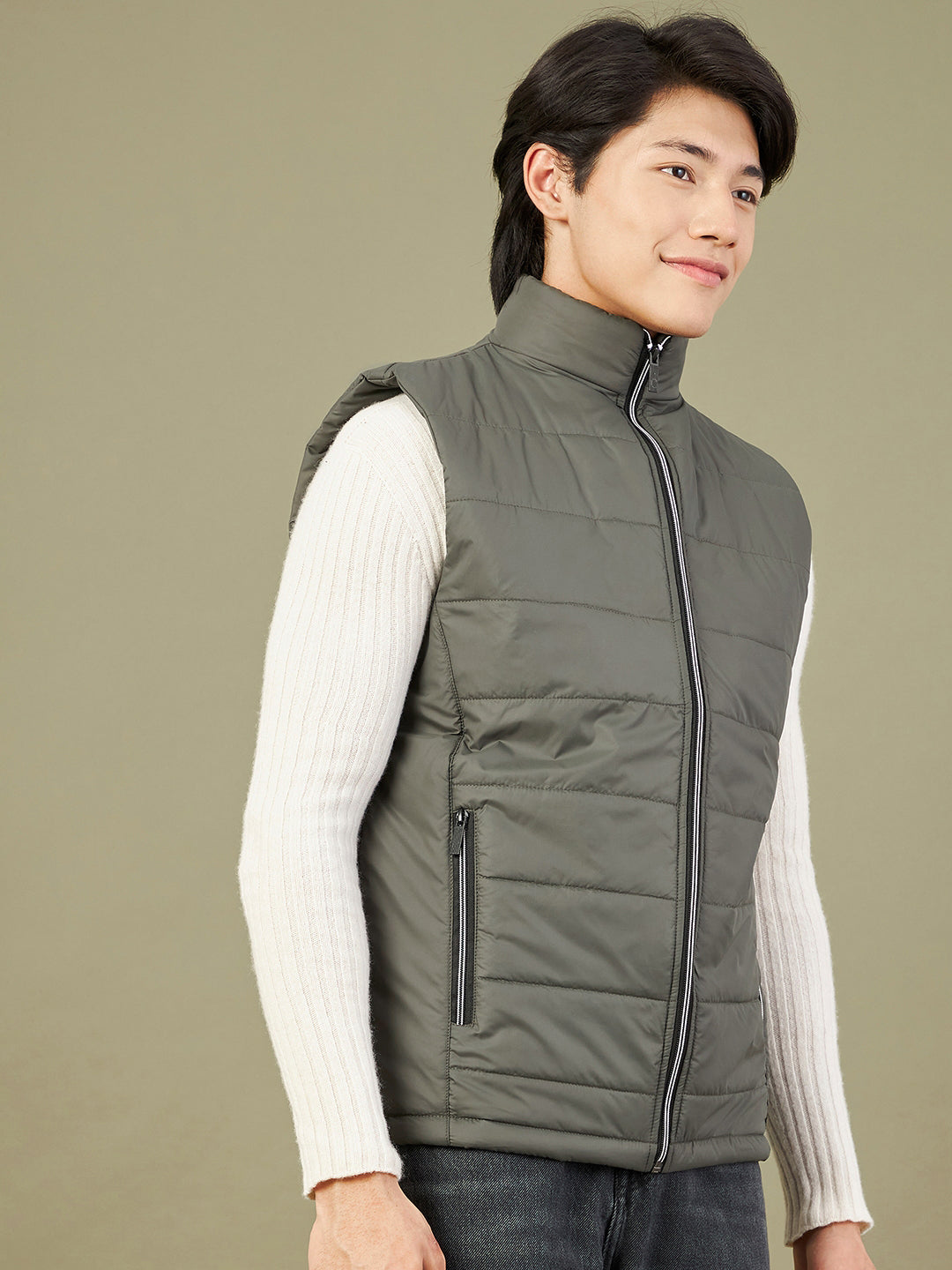 Men's Olive Sleeveless Quilted Puffer Jacket - LYUSH-MASCLN