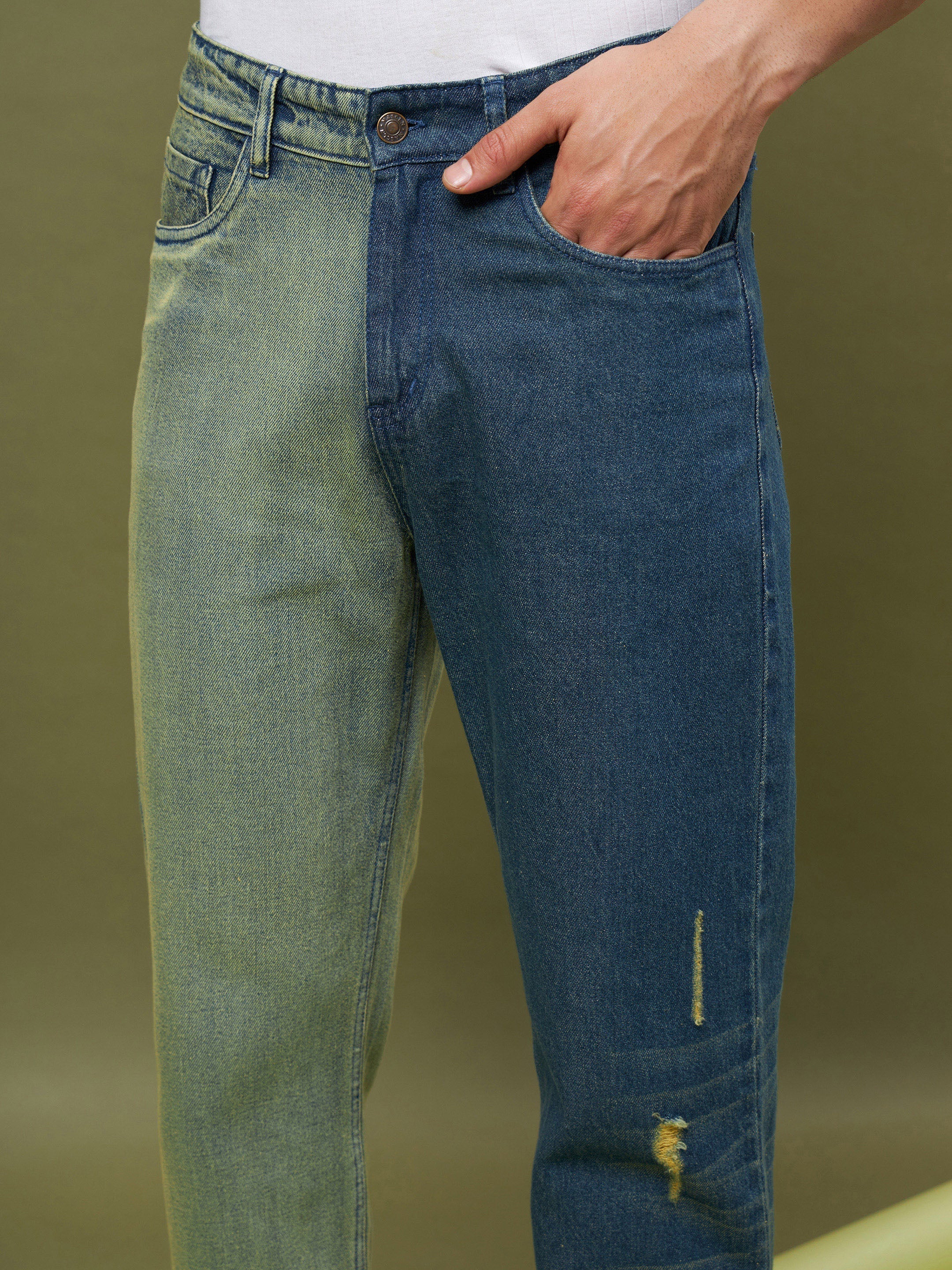 Men's Blue & Olive ColorBlock Relax Fit Jeans - MASCLN SASSAFRAS