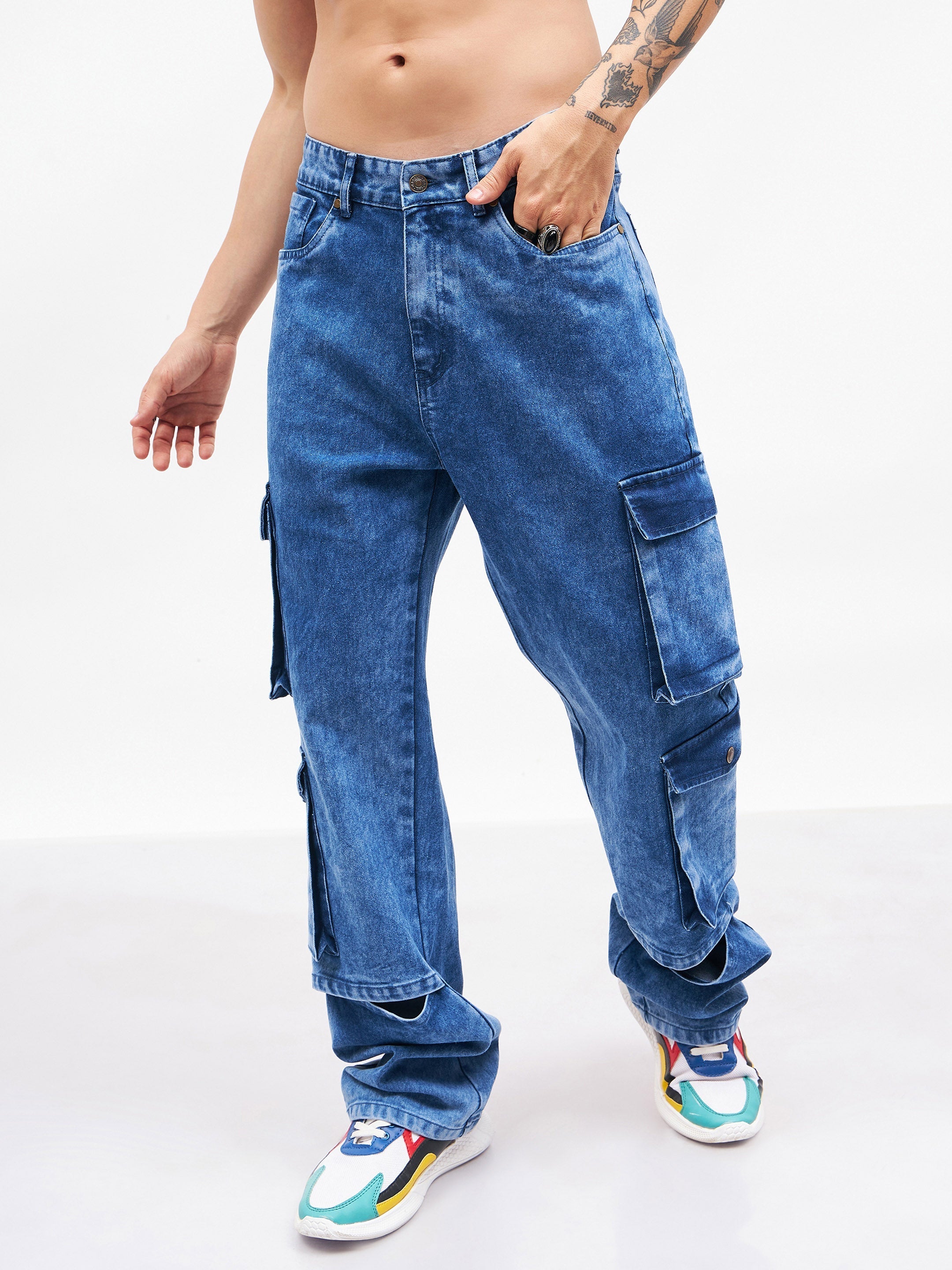 Men's Blue Washed Utility Pocket Relax Fit Jeans - MASCLN SASSAFRAS