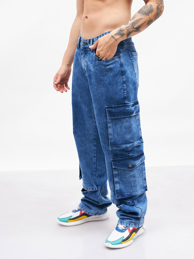 Men's Blue Washed Utility Pocket Relax Fit Jeans