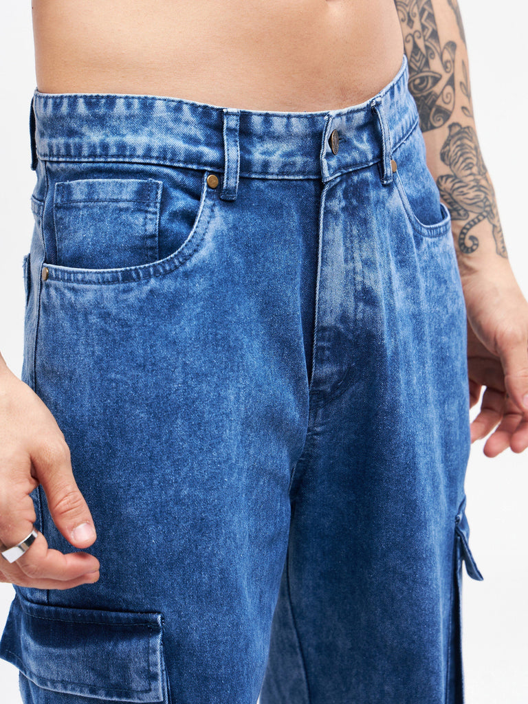 Men's Blue Washed Utility Pocket Relax Fit Jeans
