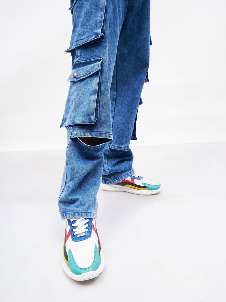Men's Blue Washed Utility Pocket Relax Fit Jeans