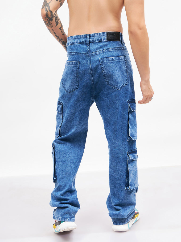 Men's Blue Washed Utility Pocket Relax Fit Jeans