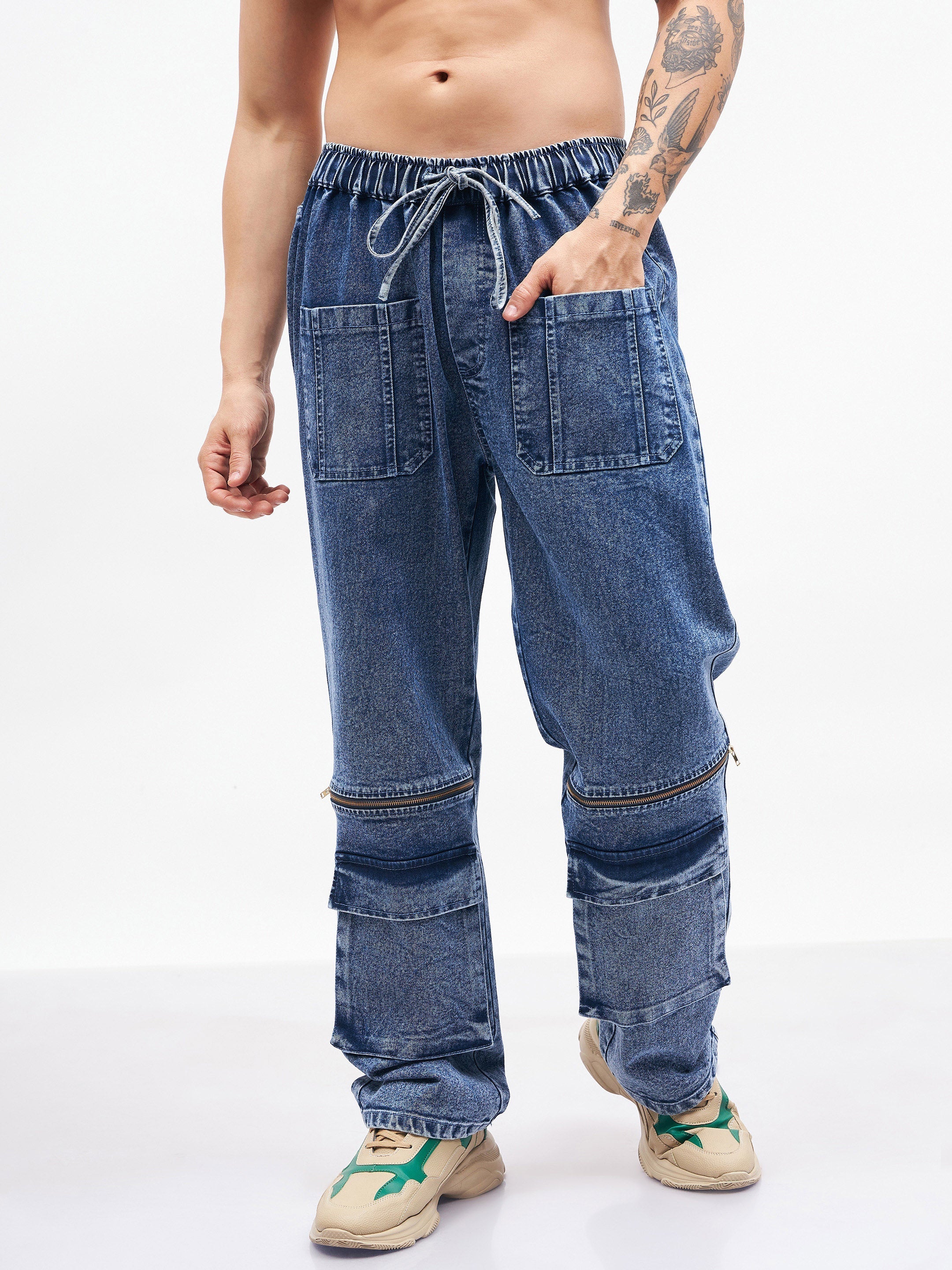 Men's Blue Front Zipper Baggy Fit Jeans - MASCLN SASSAFRAS