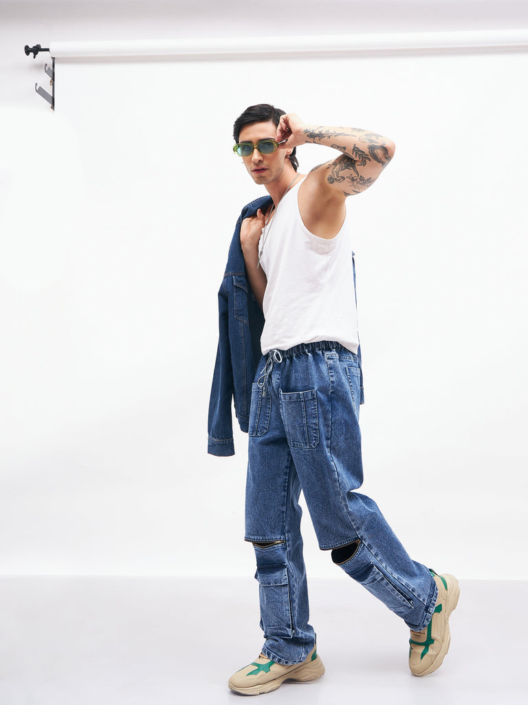 Men's Blue Front Zipper Baggy Fit Jeans