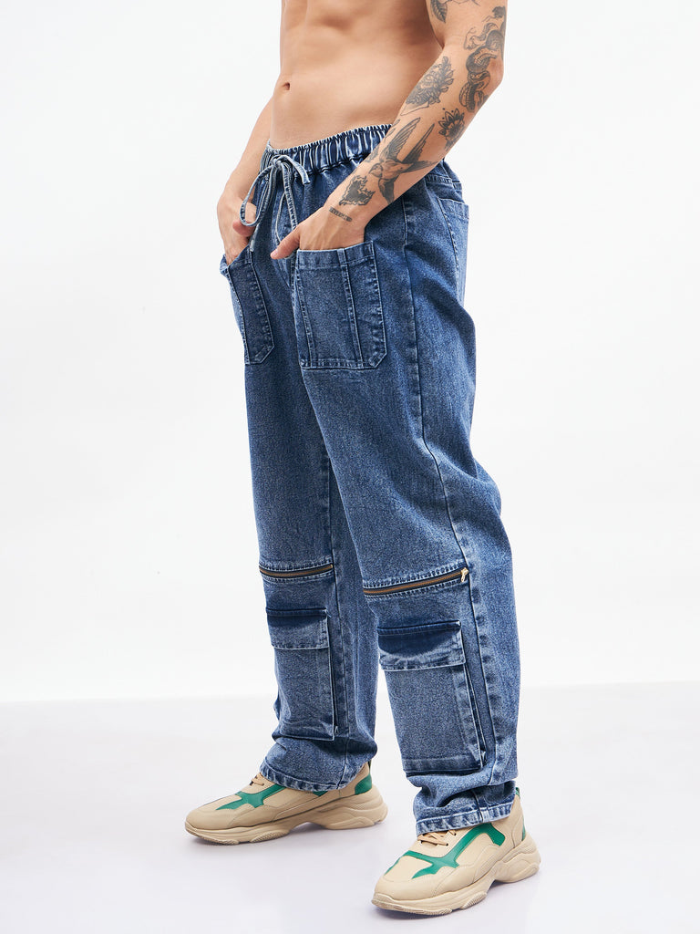Men's Blue Front Zipper Baggy Fit Jeans
