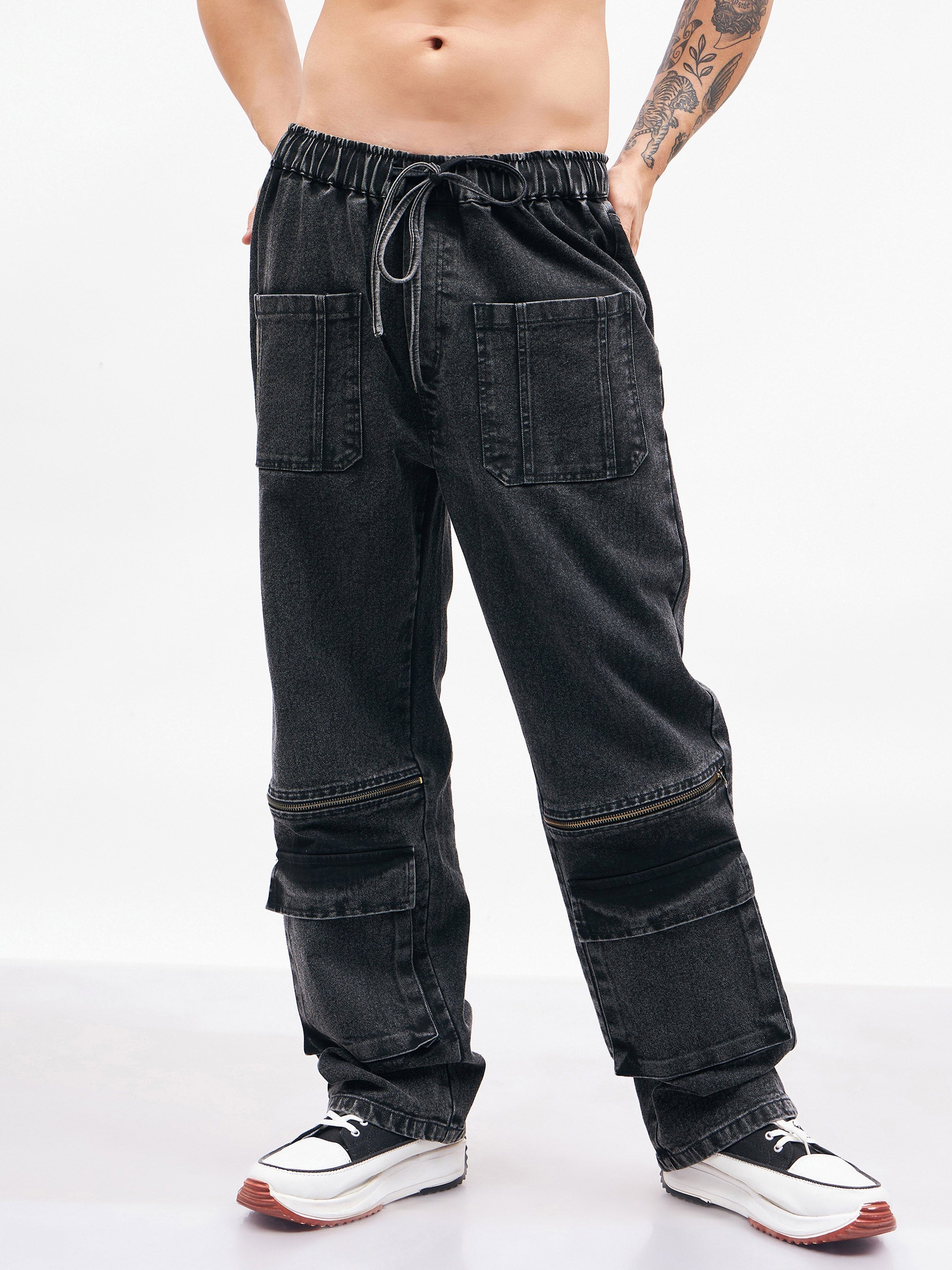 Men's Black Front Zipper Baggy Fit Jeans - MASCLN SASSAFRAS