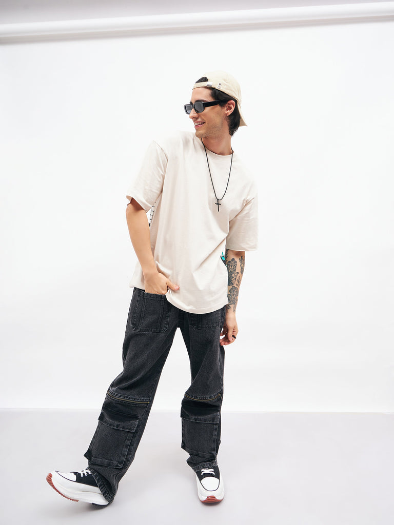 Men's Black Front Zipper Baggy Fit Jeans