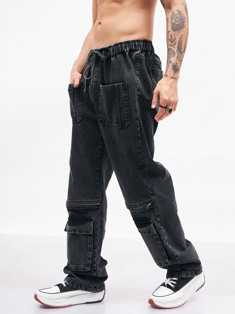 Men's Black Front Zipper Baggy Fit Jeans