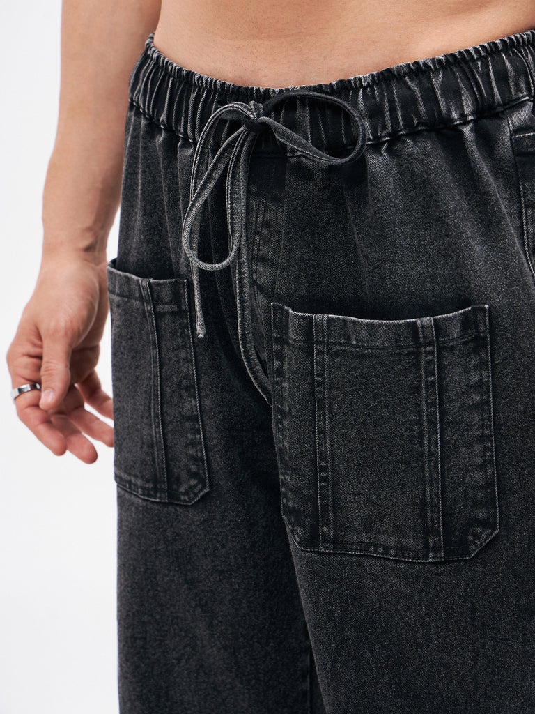 Men's Black Front Zipper Baggy Fit Jeans