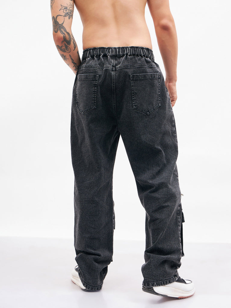 Men's Black Front Zipper Baggy Fit Jeans