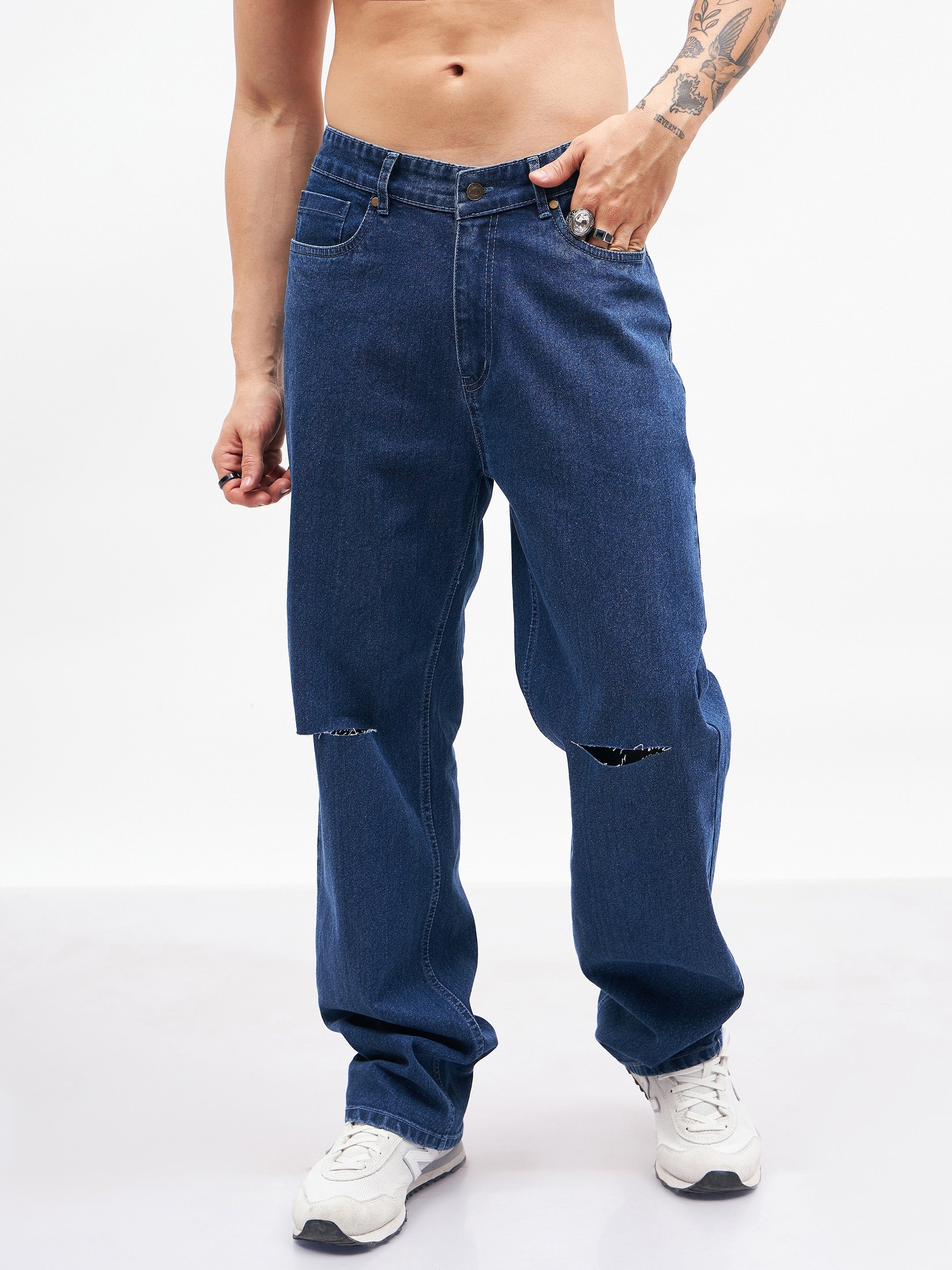 Men's Blue Knee Slit Relax Fit Jeans - MASCLN SASSAFRAS