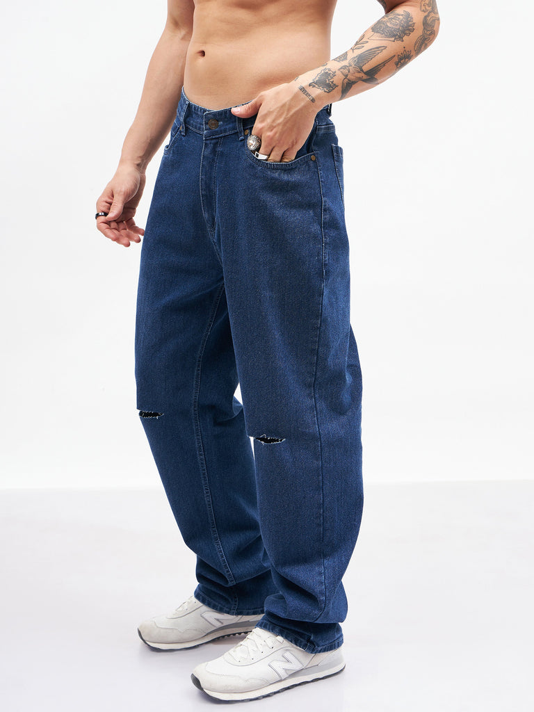 Men's Blue Knee Slit Relax Fit Jeans