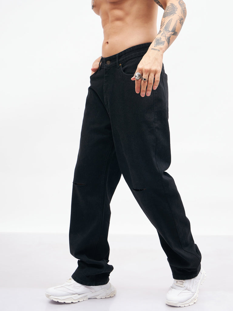 Men's Black Knee Slit Relax Fit Jeans