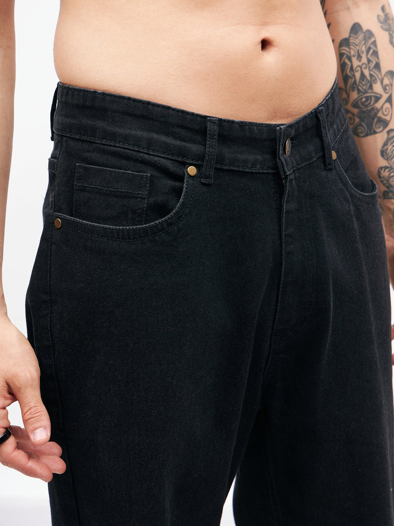 Men's Black Knee Slit Relax Fit Jeans