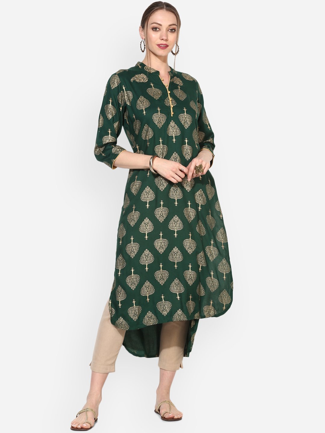 Women's Green Rayon Printed 3/4 Sleeve Round Neck Casual Kurta Only - Myshka