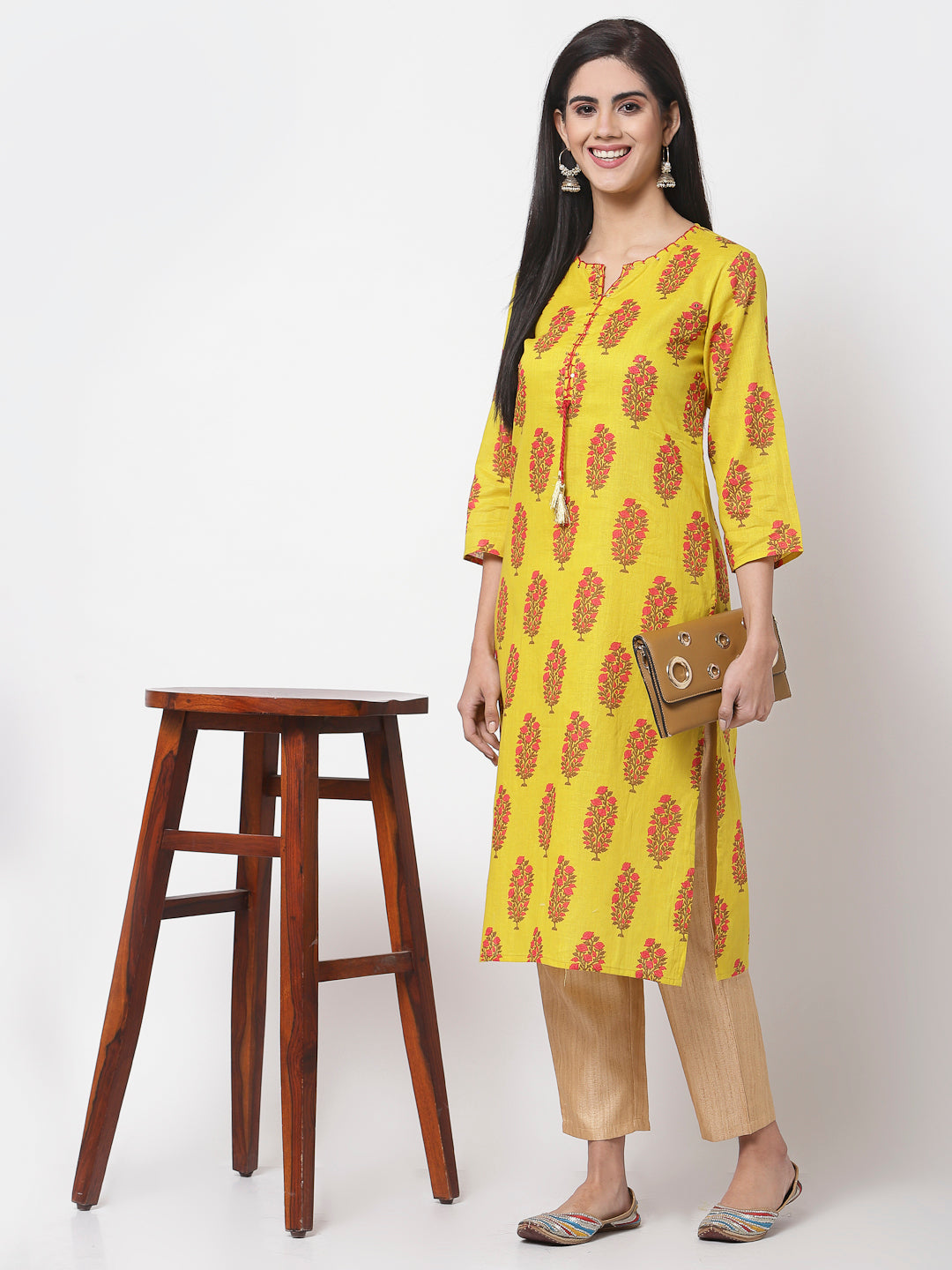 Women Yellow Cotton Printed  Kurta by Myshka (1 Pc Set)