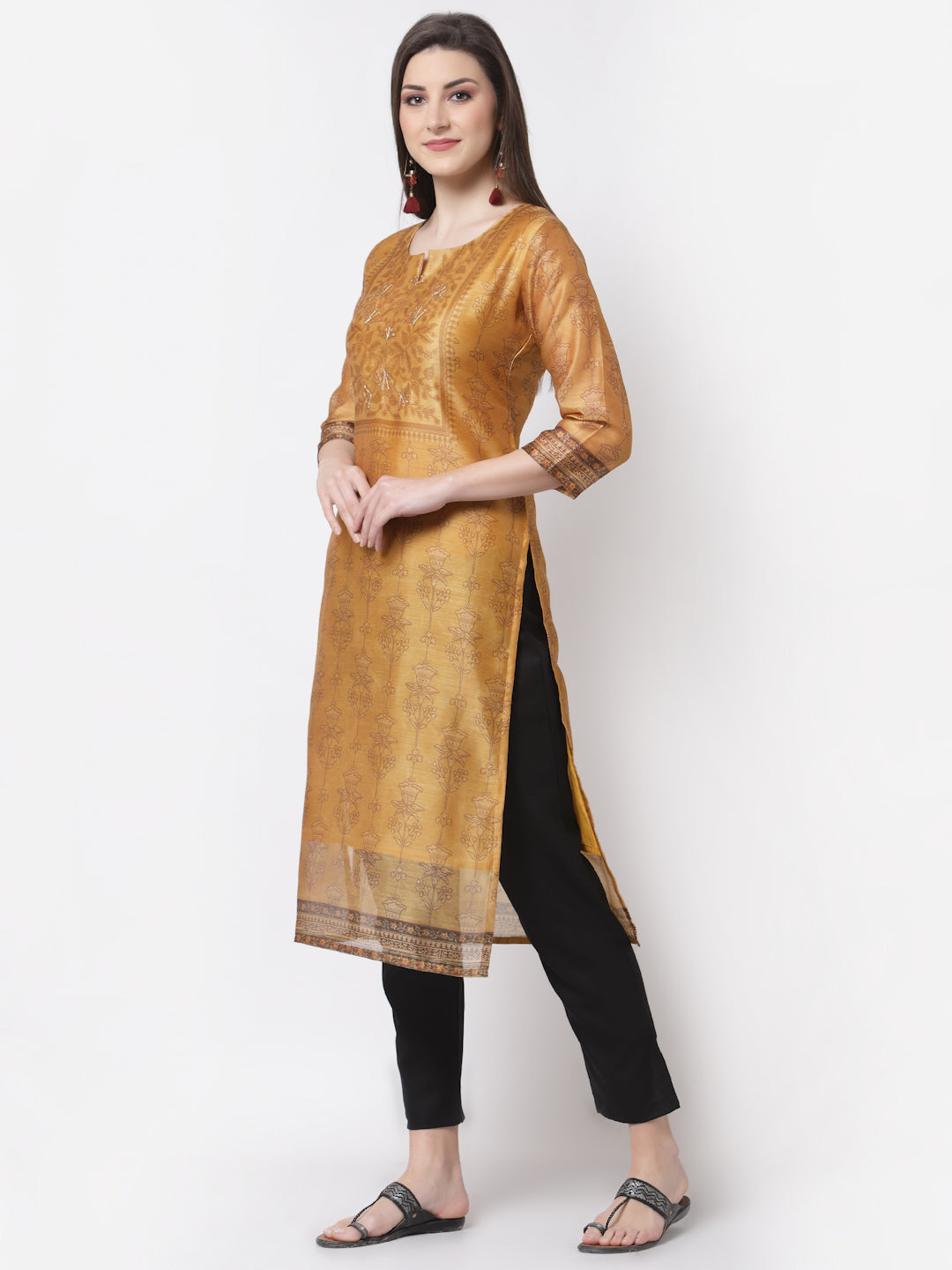 Women's Stylish Chanderi silk Round Neck 3/4 Sleeve Printed Kurta   - Myshka