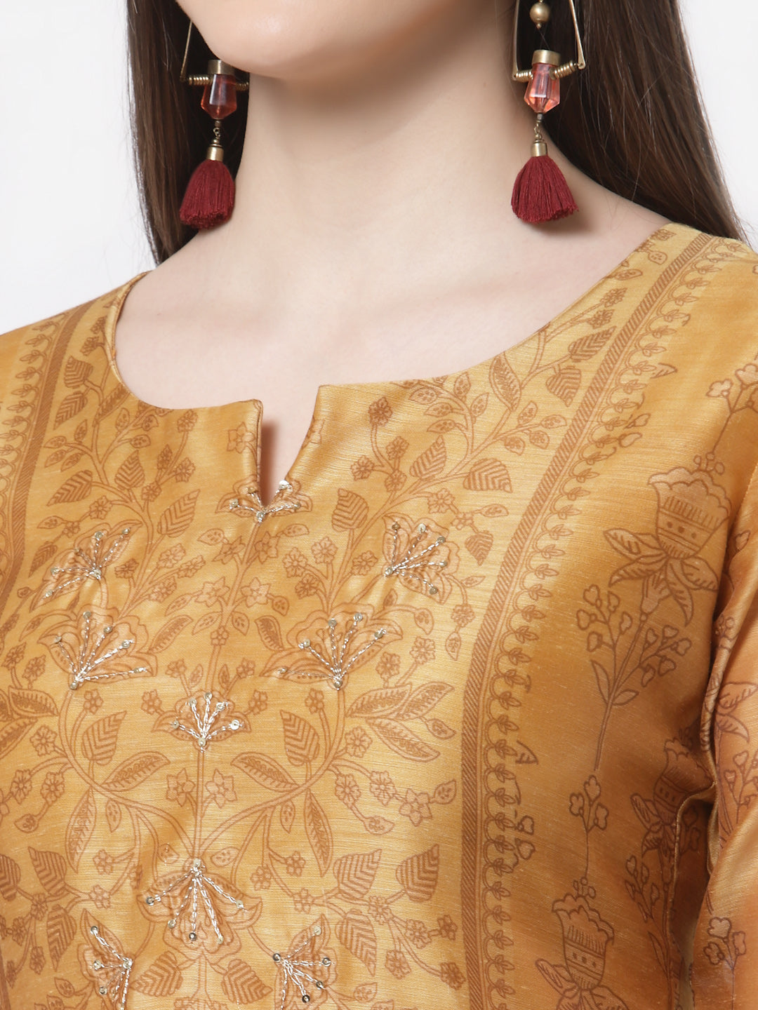 Women's Stylish Chanderi silk Round Neck 3/4 Sleeve Printed Kurta   - Myshka