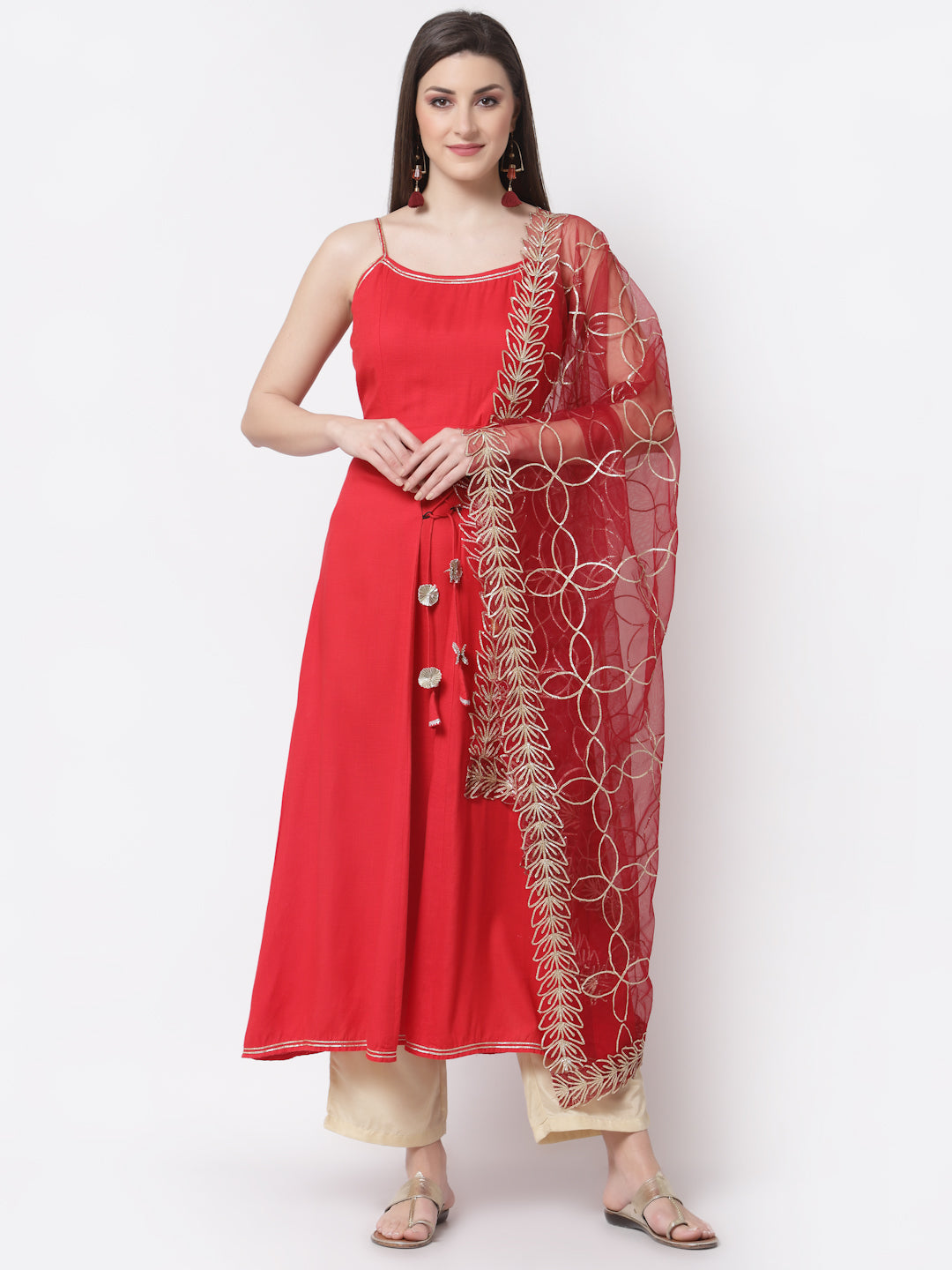 Women's Stylish Silk blend Square Neck Sleeveless Solid Kurta Dupatta Set  - Myshka
