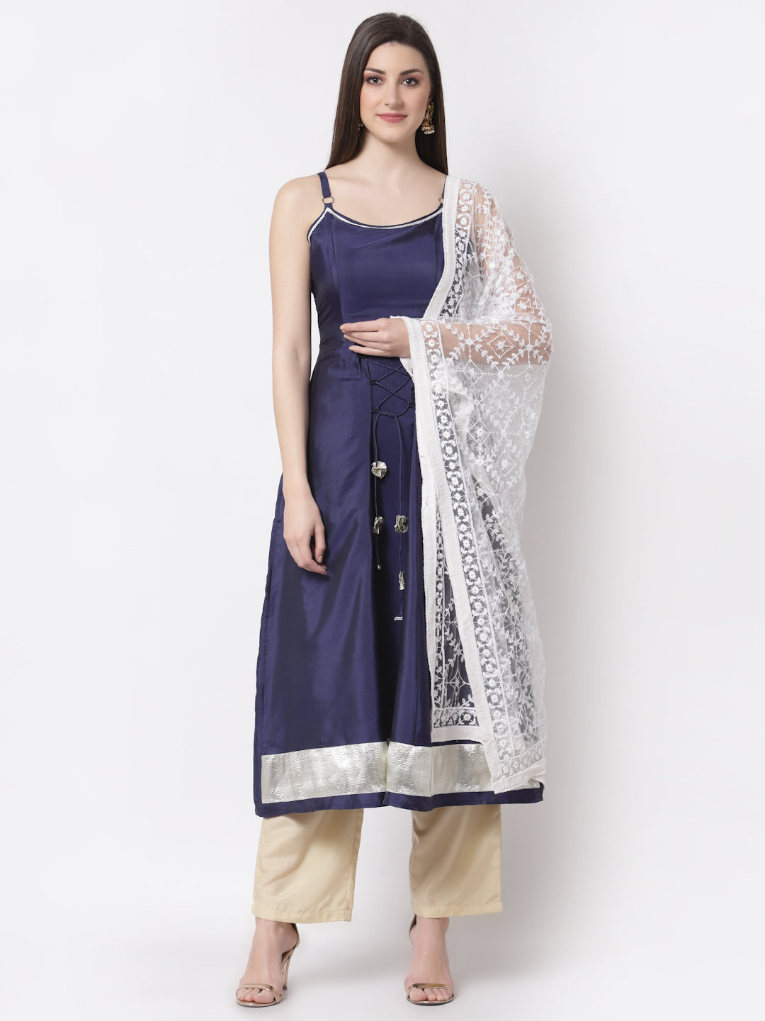 Women's Stylish Silk blend Square Neck Sleeveless Embroidered Kurta Dupatta Set  - Myshka