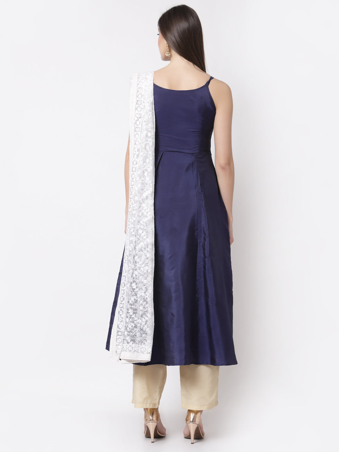 Women's Stylish Silk blend Square Neck Sleeveless Embroidered Kurta Dupatta Set  - Myshka