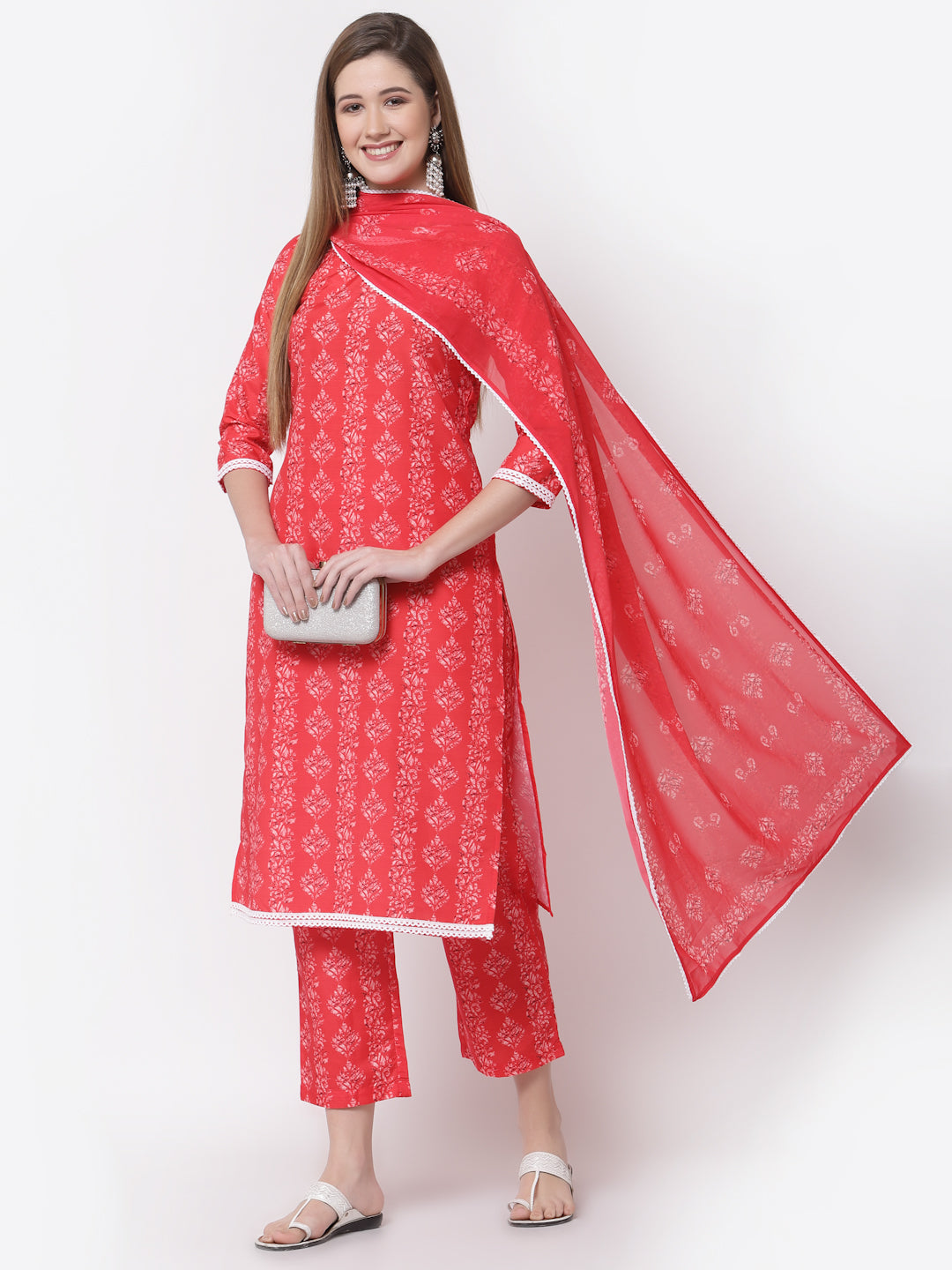 Women's Stylish Cotton Round Neck 3/4 Sleeve Printed Kurta Pant Dupatta Set  - Myshka