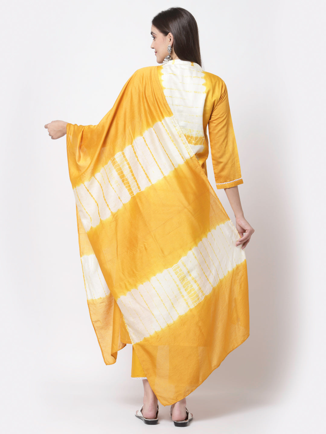Women's Trendy Style Yellow viscose Printed 3/4 Sleeve Round Neck Kurta Pant Dupatta (3pieces) set - Myshka