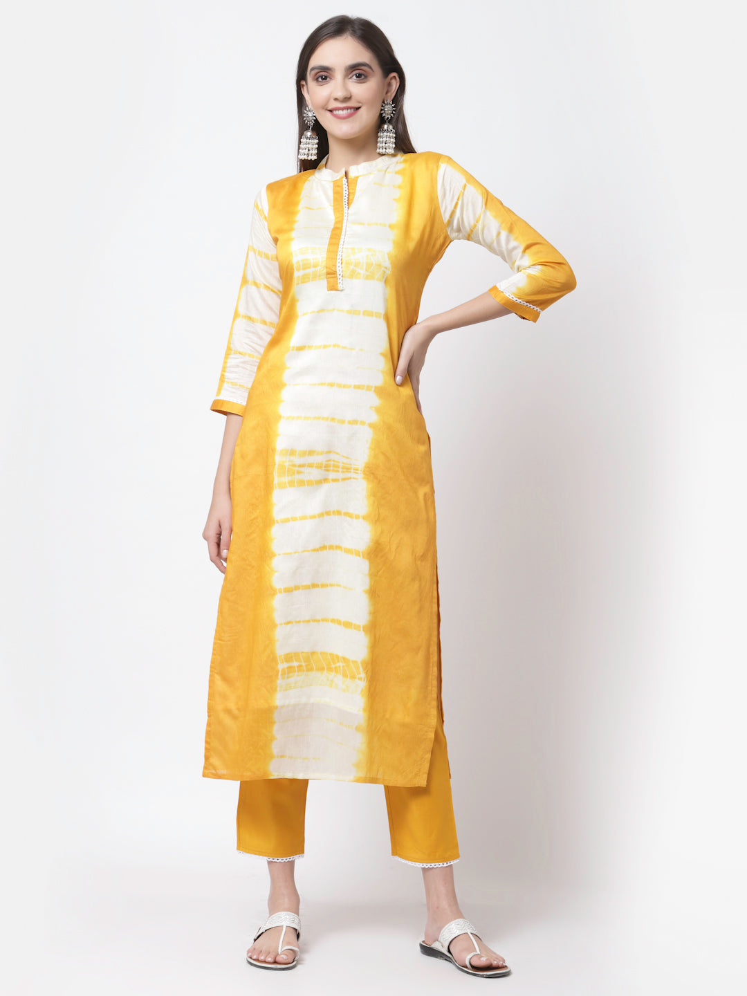 Women's Trendy Style Yellow viscose Printed 3/4 Sleeve Round Neck Kurta Pant Dupatta (3pieces) set - Myshka