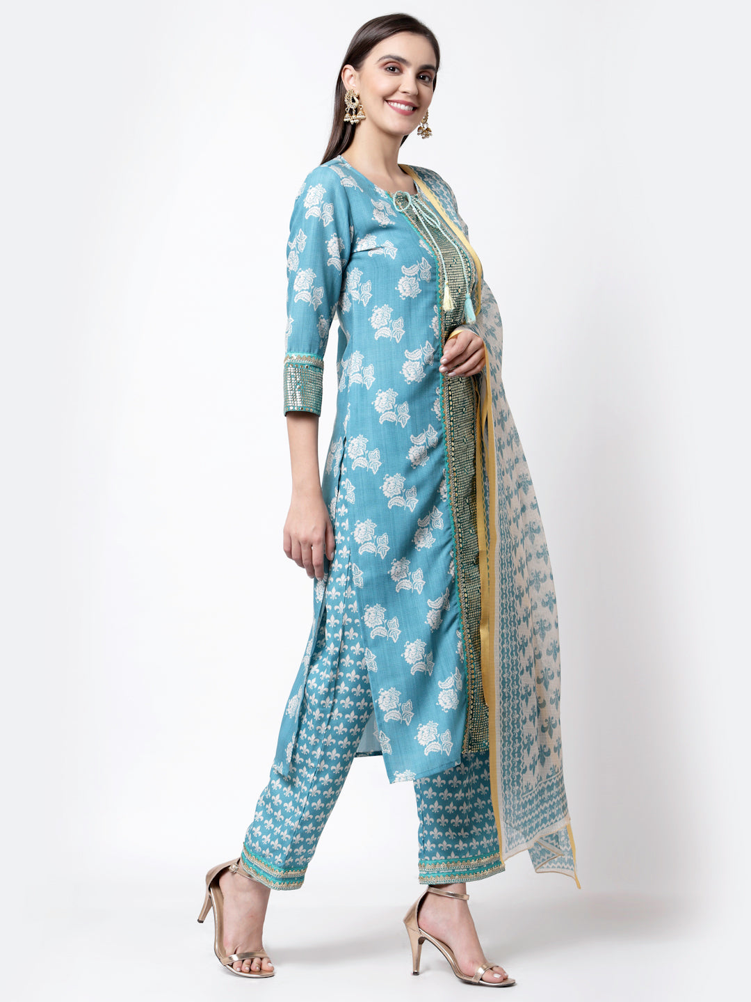 Women's Trendy Style Blue cotton blend Printed 3/4 Sleeve Round Neck Kurta Pant Dupatta (3Pieces) set - Myshka