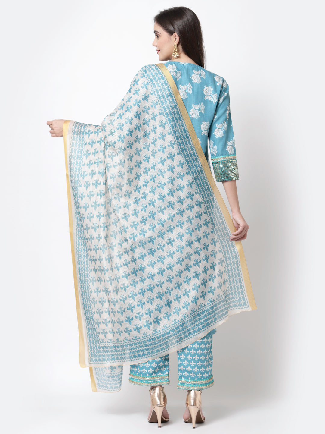Women's Trendy Style Blue cotton blend Printed 3/4 Sleeve Round Neck Kurta Pant Dupatta (3Pieces) set - Myshka