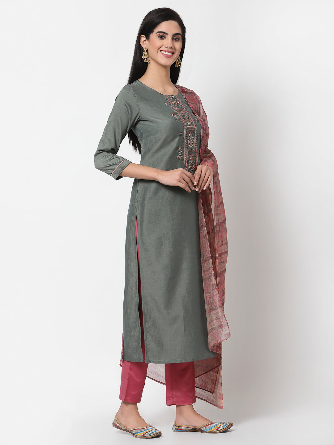 Women's Grey Silk blend Embroidered 3/4 Sleeve Round Neck Kurta Pant Dupatta (3Pieces) set - Myshka