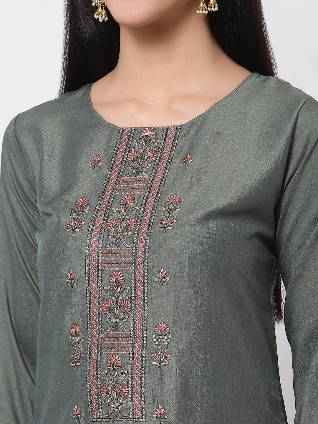 Women's Grey Silk blend Embroidered 3/4 Sleeve Round Neck Kurta Pant Dupatta (3Pieces) set - Myshka